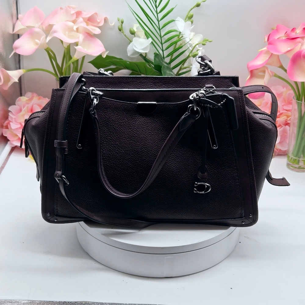 Coach Dark Oxblood, Brown Pebbled Leather Satchel with Silver Hardware.